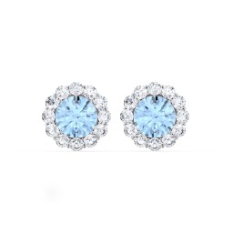 Halo Round Stud Earrings in 925 Sterling Silver with Blue Topaz and White Premium Zirconia
