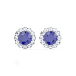 Halo Round Stud Earrings in 925 Sterling Silver with Blue Sapphire and White Premium Zirconia