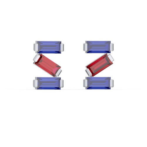 Baguette Scatter Stud Earrings – Sterling Silver with Blue Sapphire and Garnet