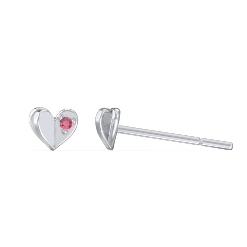 Mini Folded Heart Stud Earrings with Gemstones – Sterling Silver with Red Premium Zirconia