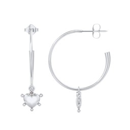 Large Open Hoop Earrings with Beaded Puffed Heart Charm and Accents in 925 Sterling Silver with Smokey Quartz