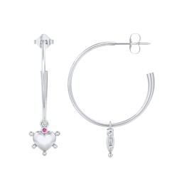 Large Open Hoop Earrings with Beaded Puffed Heart Charm and Accents in 925 Sterling Silver with Ruby