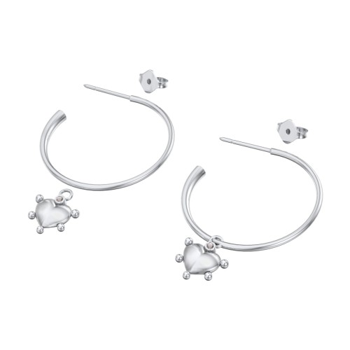 Large Open Hoop Earrings with Beaded Puffed Heart Charm and Accents – Sterling Silver with Smokey Quartz