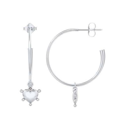 Large Open Hoop Earrings with Beaded Puffed Heart Charm and Accents – Sterling Silver with Smokey Quartz