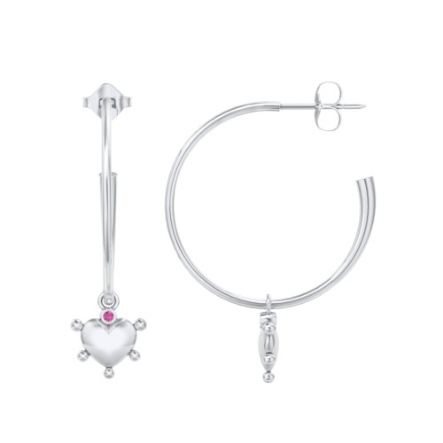 Large Open Hoop Earrings with Beaded Puffed Heart Charm and Accents – Sterling Silver with Ruby