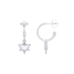 Small Open Hoop Earrings with Beaded Puffed Heart Charm and Accents in 925 Sterling Silver