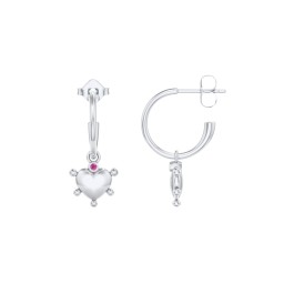 Small Open Hoop Earrings with Beaded Puffed Heart Charm and Accents in 925 Sterling Silver with Ruby