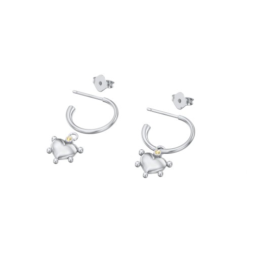 Small Open Hoop Earrings with Beaded Puffed Heart Charm and Accents – Sterling Silver with Citrine