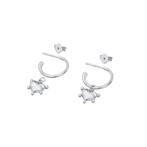 Small Open Hoop Earrings with Beaded Puffed Heart Charm and Accents – Sterling Silver with Alexandrite
