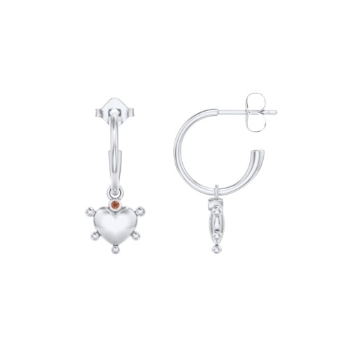 Small Open Hoop Earrings with Beaded Puffed Heart Charm and Accents – Sterling Silver with Garnet