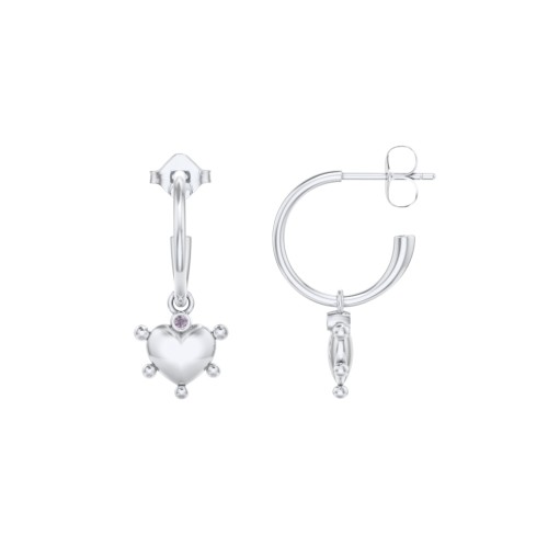 Small Open Hoop Earrings with Beaded Puffed Heart Charm and Accents – Sterling Silver with Alexandrite