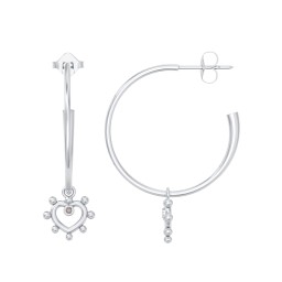 Large Open Hoop Earrings with Beaded Open Heart Charm and Accents in 925 Sterling Silver with Smokey Quartz