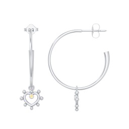 Large Open Hoop Earrings with Beaded Open Heart Charm and Accents in 925 Sterling Silver with Citrine