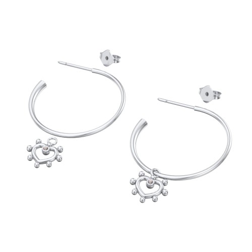 Large Open Hoop Earrings with Beaded Open Heart Charm and Accents – Sterling Silver with Smokey Quartz