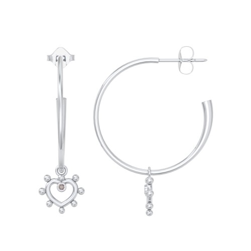 Large Open Hoop Earrings with Beaded Open Heart Charm and Accents – Sterling Silver with Smokey Quartz