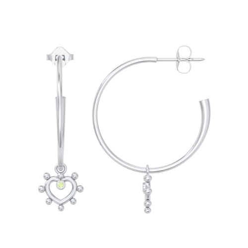 Large Open Hoop Earrings with Beaded Open Heart Charm and Accents – Sterling Silver with Peridot