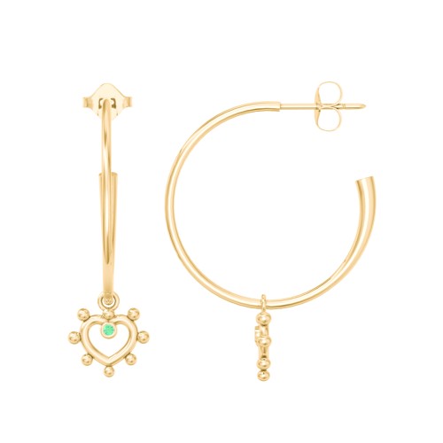 Large Open Hoop Earrings with Beaded Open Heart Charm and Accents – 9kt Yellow Gold with Emerald