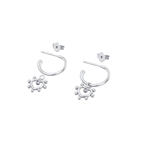 Small Open Hoop Earrings with Beaded Open Heart Charm and Accents – Sterling Silver with Alexandrite