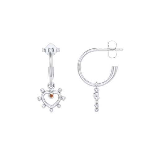 Small Open Hoop Earrings with Beaded Open Heart Charm and Accents – Sterling Silver with Garnet