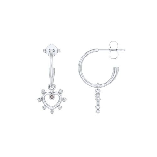 Small Open Hoop Earrings with Beaded Open Heart Charm and Accents – Sterling Silver with Smokey Quartz