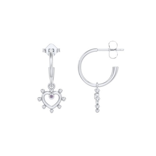 Small Open Hoop Earrings with Beaded Open Heart Charm and Accents – Sterling Silver with Alexandrite