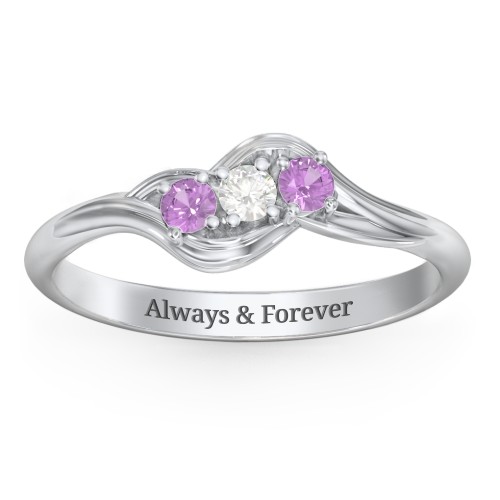 Three Stone Wave Ring – Sterling Silver with Amethyst and Cubic Zirconia