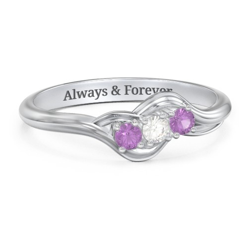 Three Stone Wave Ring – Sterling Silver with Amethyst and Cubic Zirconia