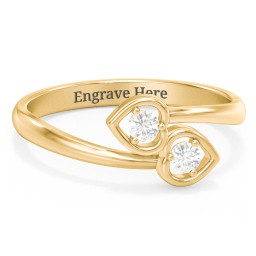 Double Heart Bypass Ring in 9K Solid Yellow Gold with Cubic Zirconia