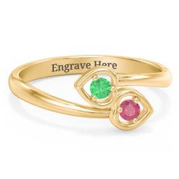 Double Heart Bypass Ring in 9K Solid Yellow Gold with Emerald and Ruby