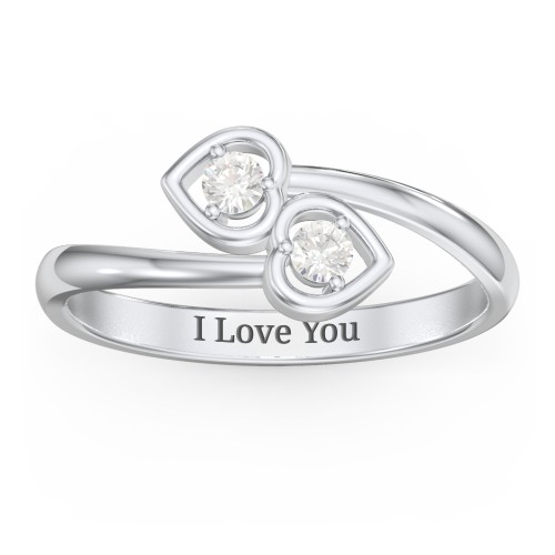 Double Heart Bypass Ring – Sterling Silver with Cubic Zirconia