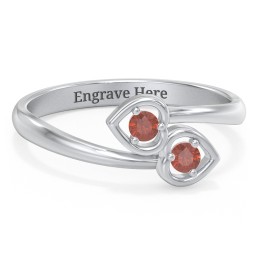 Double Heart Bypass Ring in 925 Sterling Silver with Garnet
