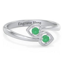 Double Heart Bypass Ring in 925 Sterling Silver with Emerald