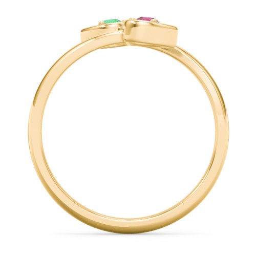 Double Heart Bypass Ring – 9kt Yellow Gold with Emerald and Ruby