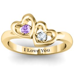 Twin Hearts Ring in 9K Solid Yellow Gold with Amethyst and Cubic Zirconia