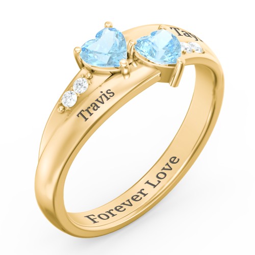 Double Heart Gemstone Ring with Accents – 18K Gold Plated Silver with Blue Topaz and Cubic Zirconia