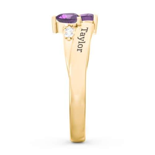 Double Heart Gemstone Ring with Accents – 18K Gold Plated Silver with Amethyst and Cubic Zirconia