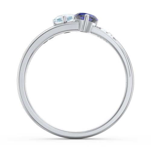 Double Heart Gemstone Ring with Accents – Sterling Silver with Aquamarine, Blue Sapphire, and Cubic Zirconia