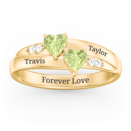 Double Heart Gemstone Ring with Accents – 18K Gold Plated Silver with Peridot and Cubic Zirconia