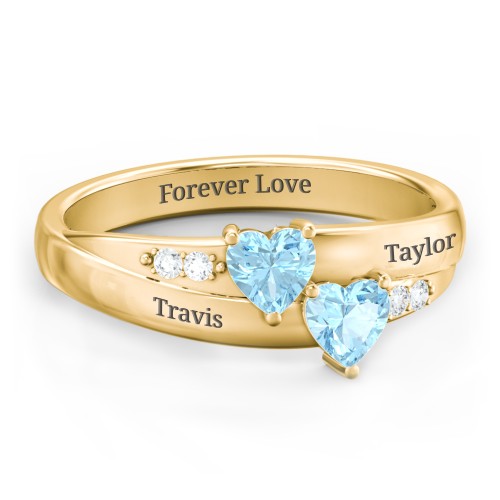 Double Heart Gemstone Ring with Accents – 18K Gold Plated Silver with Blue Topaz and Cubic Zirconia