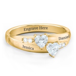 Double Heart Gemstone Ring with Accents in 18K Gold Plated Silver with Aquamarine