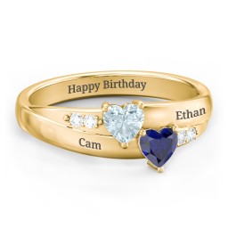 Double Heart Gemstone Ring with Accents in 18K Gold Plated Silver with Aquamarine and Blue Sapphire