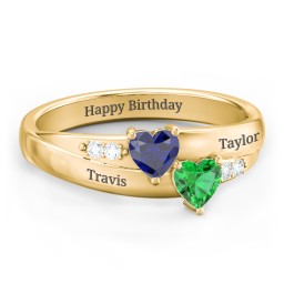 Double Heart Gemstone Ring with Accents in 18K Gold Plated Silver with Blue Sapphire and Emerald