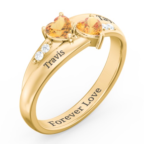 Double Heart Gemstone Ring with Accents – 18K Gold Plated Silver with Citrine and Cubic Zirconia