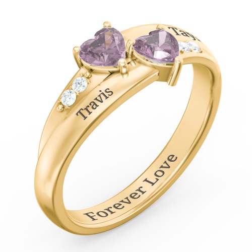 Double Heart Gemstone Ring with Accents – 18K Gold Plated Silver with Alexandrite and Cubic Zirconia