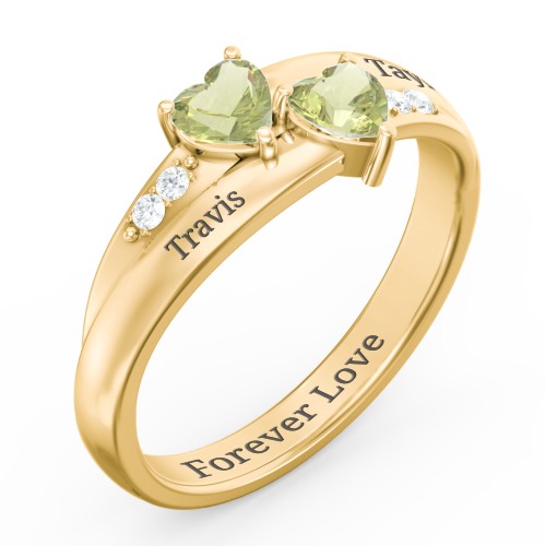 Double Heart Gemstone Ring with Accents – 18K Gold Plated Silver with Peridot and Cubic Zirconia
