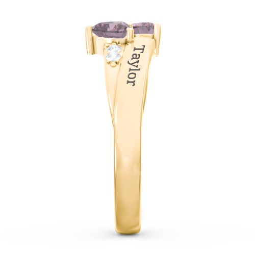 Double Heart Gemstone Ring with Accents – 18K Gold Plated Silver with Alexandrite and Cubic Zirconia