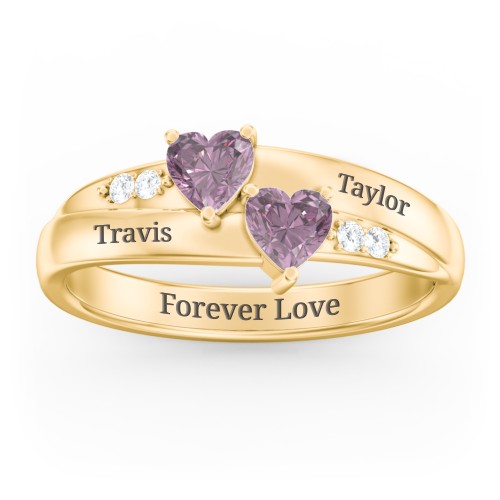 Double Heart Gemstone Ring with Accents – 18K Gold Plated Silver with Alexandrite and Cubic Zirconia