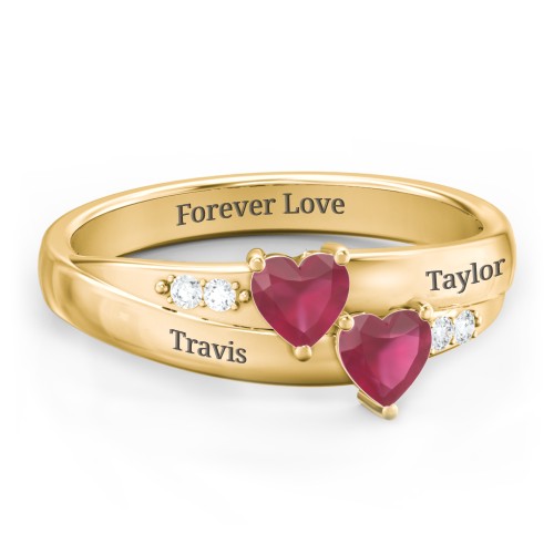 Double Heart Gemstone Ring with Accents – 18K Gold Plated Silver with Ruby and Cubic Zirconia