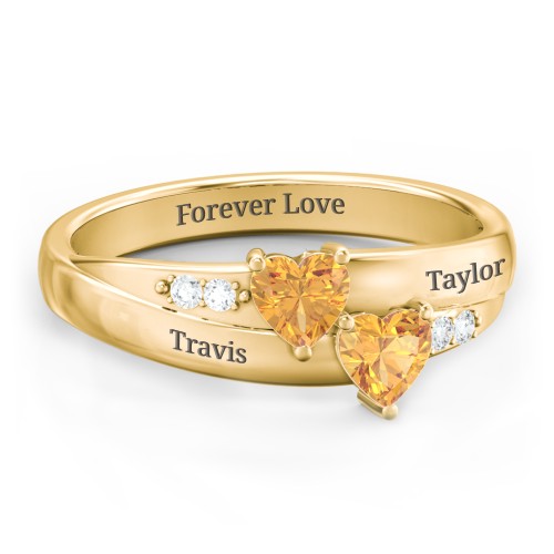Double Heart Gemstone Ring with Accents – 18K Gold Plated Silver with Citrine and Cubic Zirconia