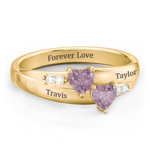Double Heart Gemstone Ring with Accents – 18K Gold Plated Silver with Alexandrite and Cubic Zirconia